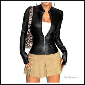 Faux Leather Jacket Slim Fit Zip Up Long Sleeve Winter Coat Outerwear Chic